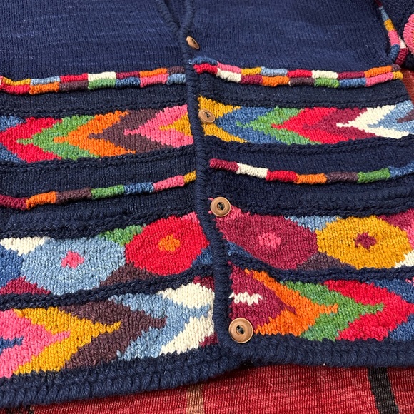 Vintage Express Tricot Handknitted Bolivian Wool Cardigan Navy Floral Boho - Picture 3 of 8